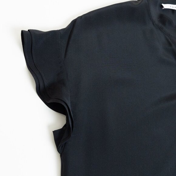 FRAME Silk Blouse Black Flounce Short Sleeve Top Button Up XS - Picture 8 of 14